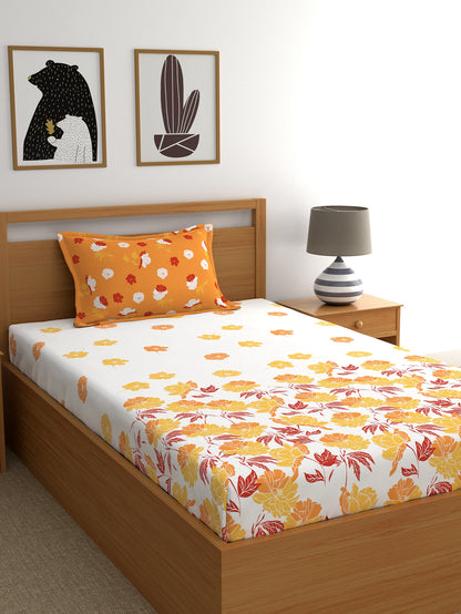 Dreamscape 100% Cotton Floral Bedsheet Set | 140 TC | Orange