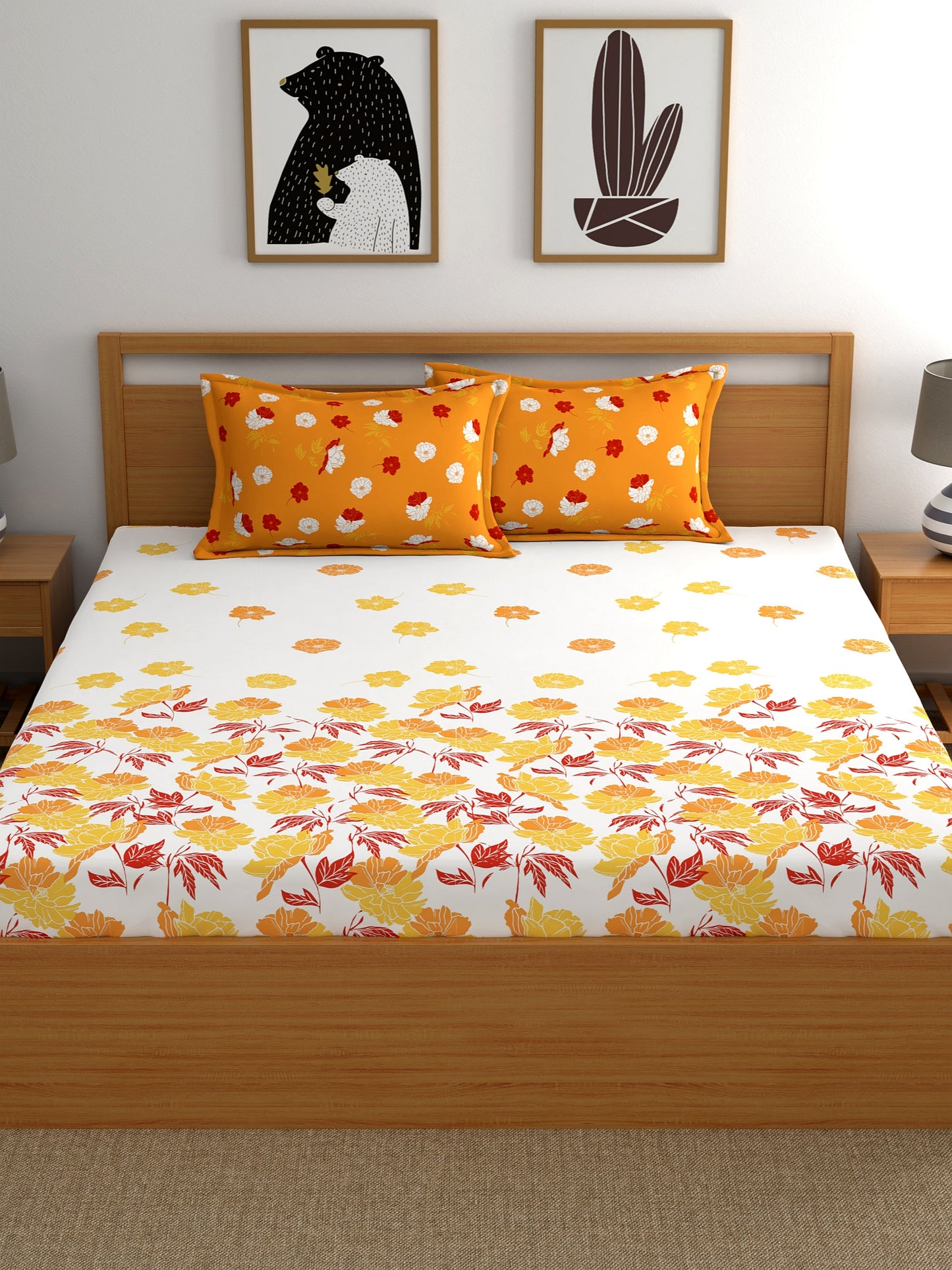 Dreamscape 100% Cotton Floral Bedsheet Set | 140 TC | Orange