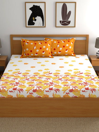 Dreamscape 100% Cotton Floral Bedsheet Set | 140 TC | Orange