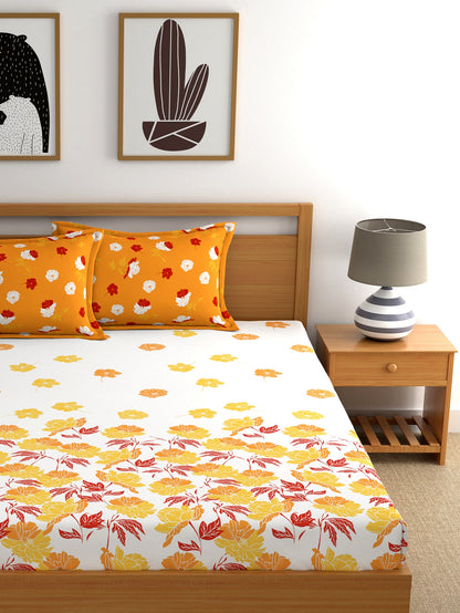 Dreamscape 100% Cotton Floral Bedsheet Set | 140 TC | Orange