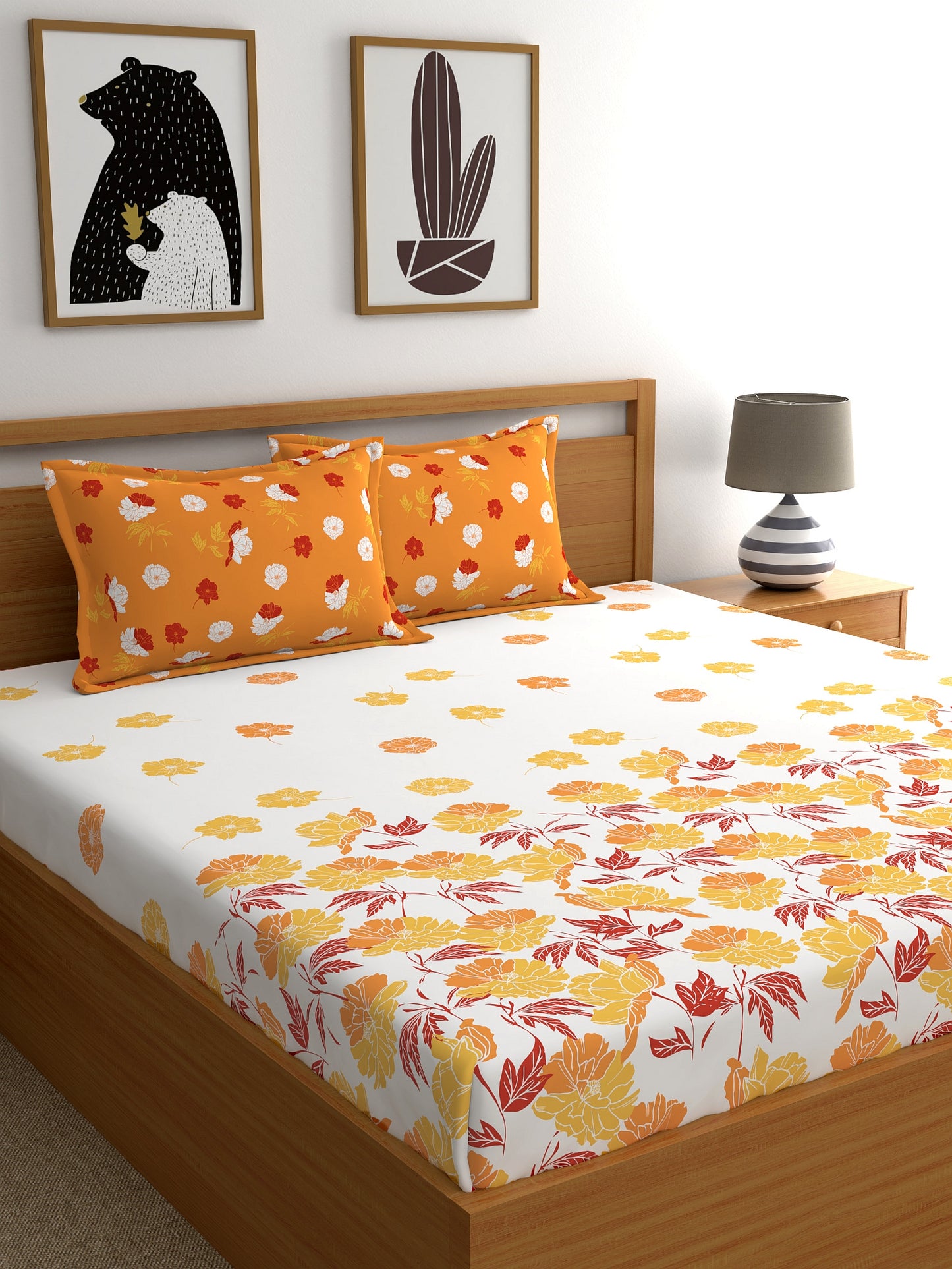 Dreamscape 100% Cotton Floral Bedsheet Set | 140 TC | Orange