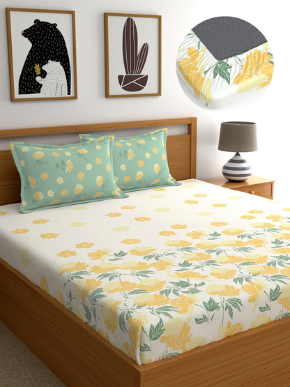 Dreamscape 100% Cotton Fitted Bedsheet with 2 Pillow Covers - (Size 60 x 78 inches, 140 TC, Colour - Beige)