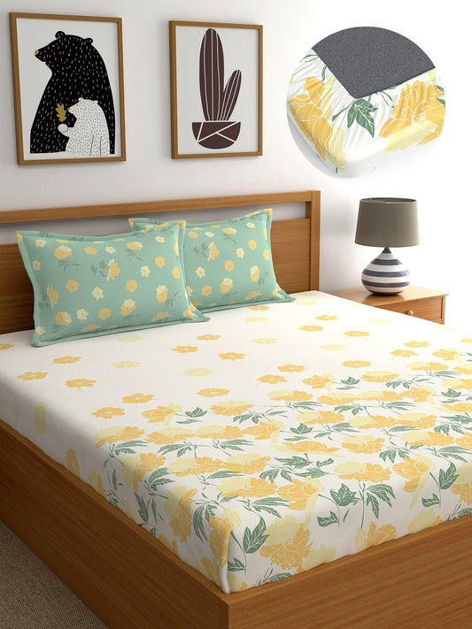 Dreamscape 100% Cotton Fitted Bedsheet with 2 Pillow Covers - (Size 60 x 78 inches, 140 TC, Colour - Beige)