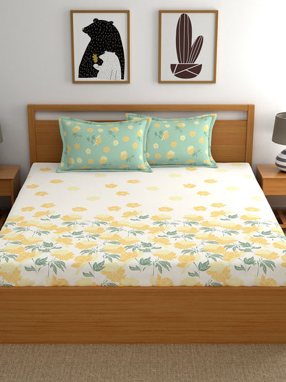 Dreamscape 100% Cotton Fitted Bedsheet with 2 Pillow Covers - (Size 60 x 78 inches, 140 TC, Colour - Beige)