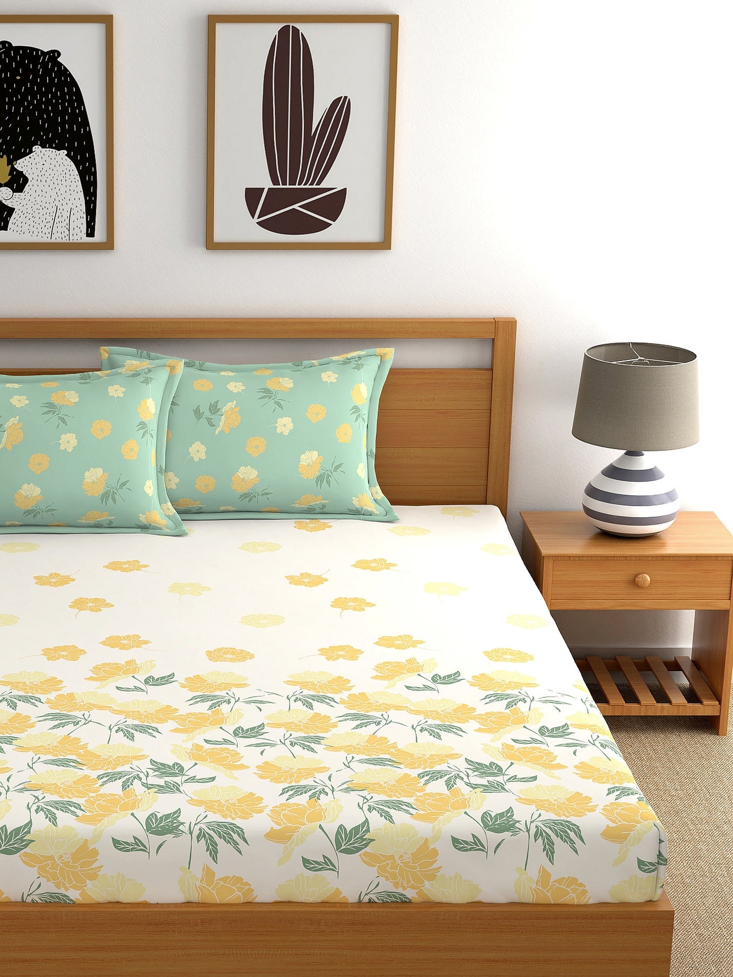 Dreamscape 100% Cotton Fitted Bedsheet with 2 Pillow Covers - (Size 60 x 78 inches, 140 TC, Colour - Beige)