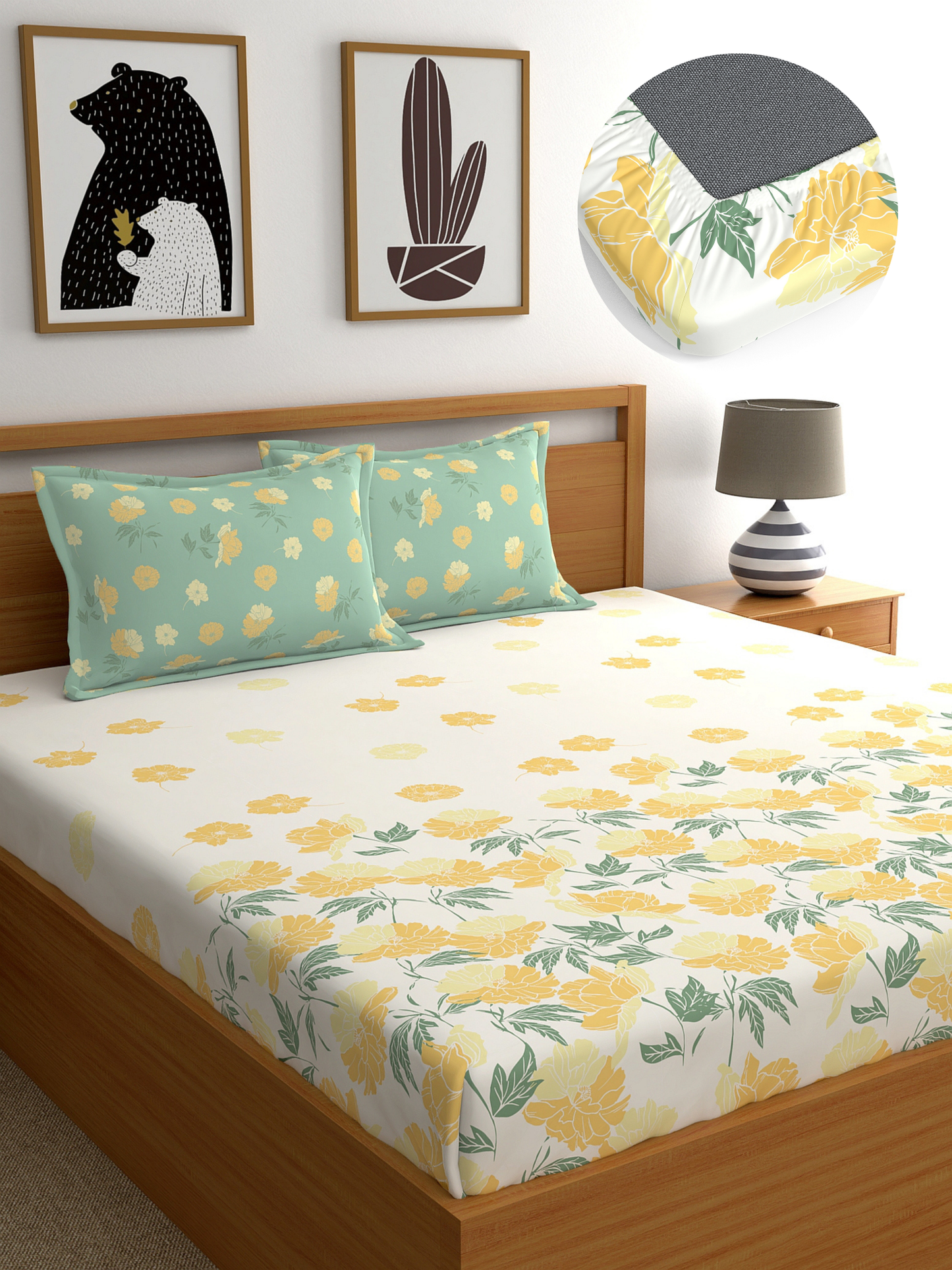 Dreamscape 100% Cotton 140 TC Floral Bedsheet Set - Colour: Beige