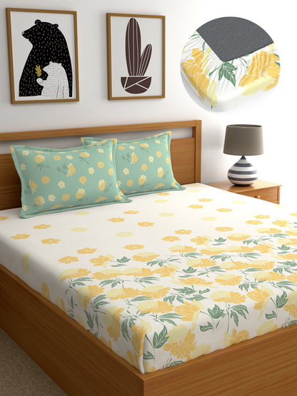 Dreamscape 100% Cotton 140 TC Floral Bedsheet Set - Colour: Beige