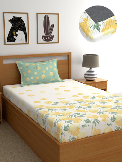 Dreamscape 100% Cotton Fitted Bedsheet with Pillow Covers - (140 TC, Colour - Beige)