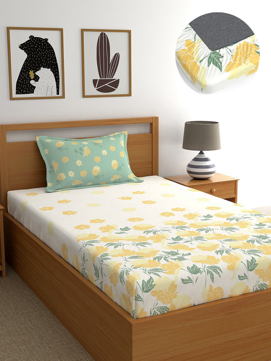 Dreamscape 100% Cotton Fitted Bedsheet with Pillow Covers - (140 TC, Colour - Beige)