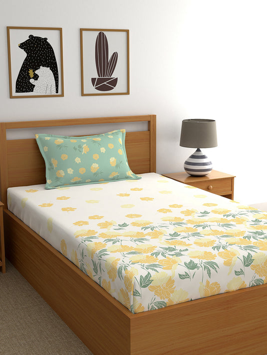 Dreamscape 100% Cotton 140 TC Floral Bedsheet Set - Colour: Beige