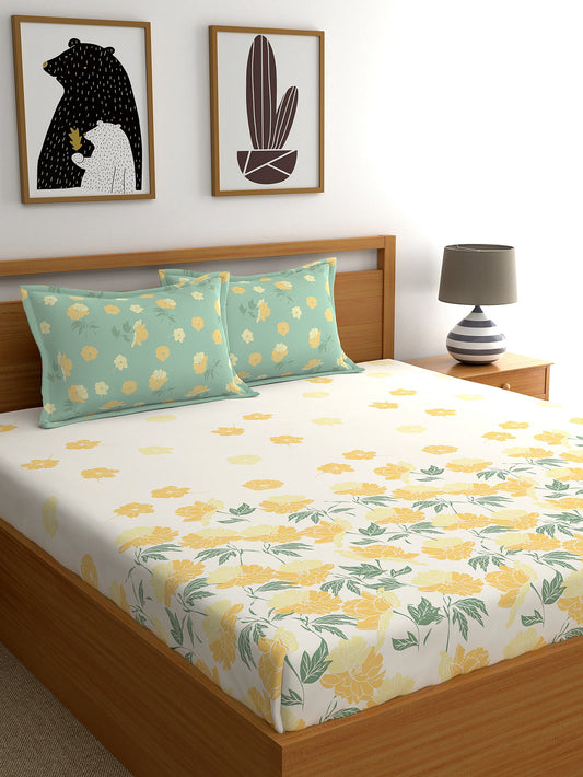 Dreamscape 100% Cotton 140 TC Floral Bedsheet Set - Colour: Beige