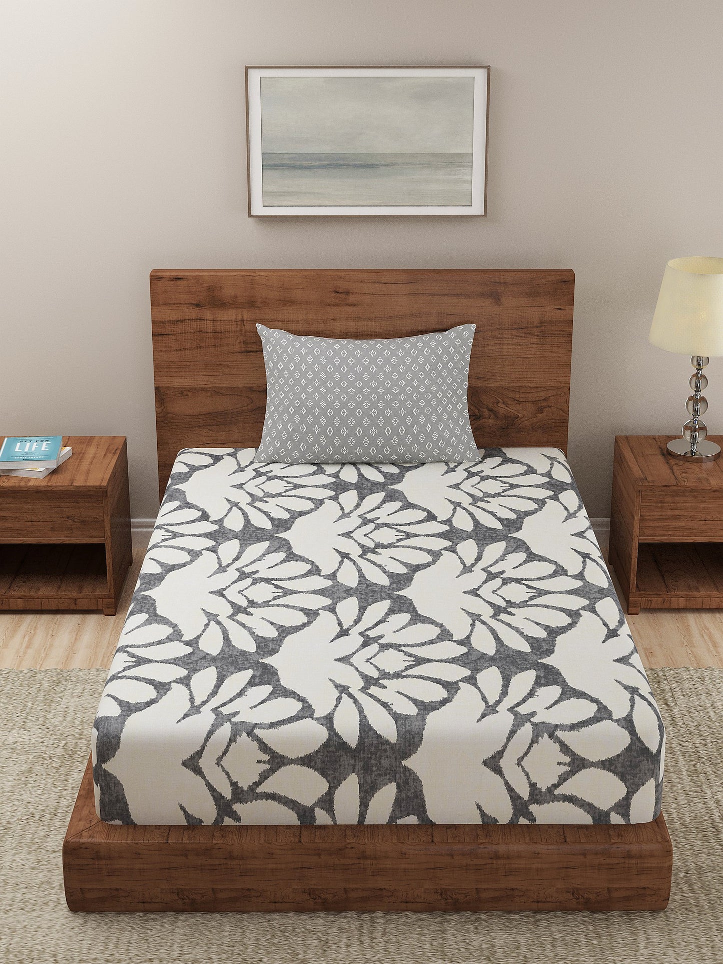 Dreamscape 100% Cotton Floral Bedsheet Set | 140 TC | Grey