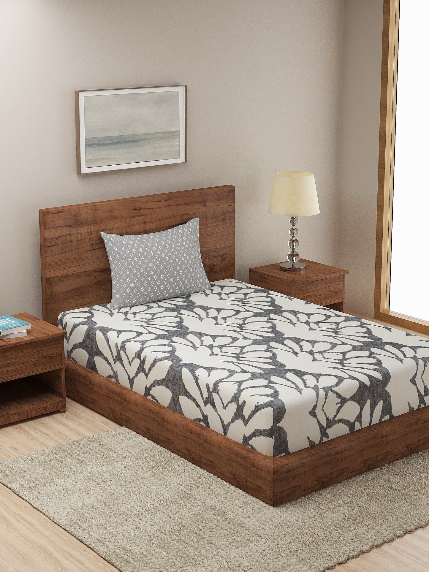 Dreamscape 100% Cotton Floral Bedsheet Set | 140 TC | Grey