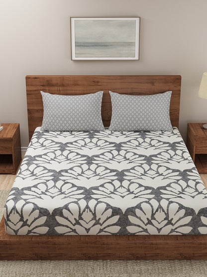 Dreamscape 100% Cotton Floral Bedsheet Set | 140 TC | Grey