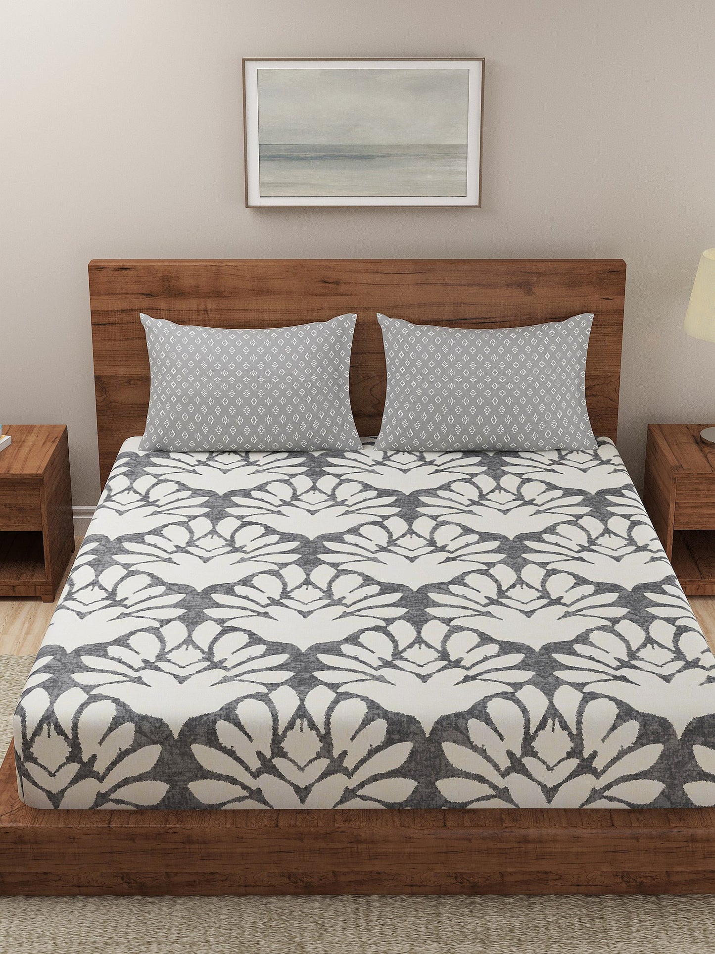 Dreamscape 100% Cotton Floral Bedsheet Set | 140 TC | Grey