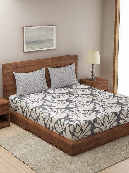 Dreamscape 100% Cotton Floral Bedsheet Set | 140 TC | Grey