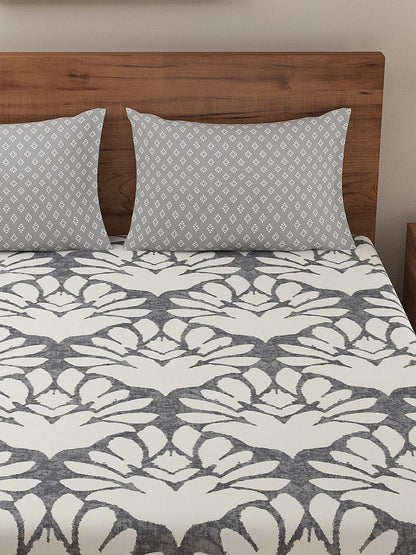 Dreamscape 100% Cotton Floral Bedsheet Set | 140 TC | Grey