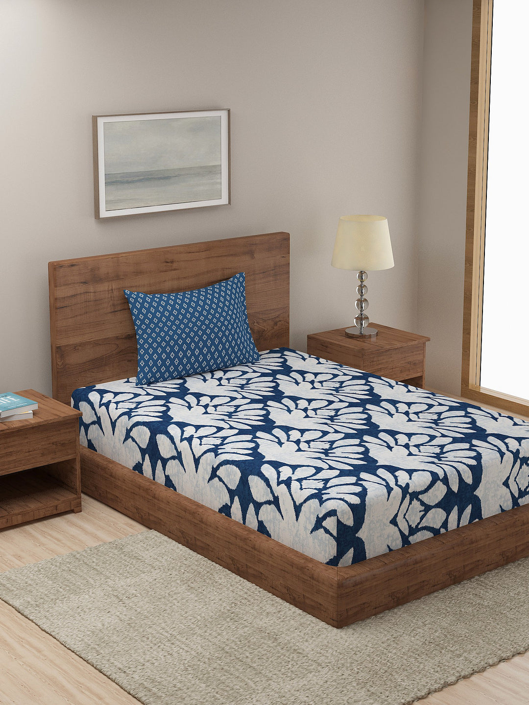Dreamscape 100% Cotton Floral Bedsheet Set | 140 TC | Blue