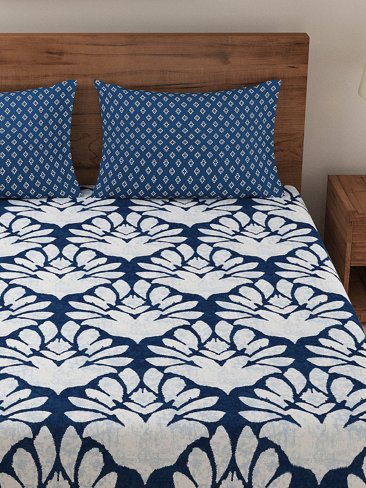Dreamscape 100% Cotton Floral Bedsheet Set | 140 TC | Blue