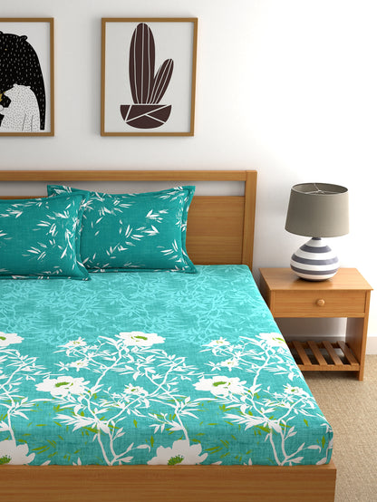 Dreamscape 100% Cotton Floral Bedsheet Set | 140 TC | Teal Green