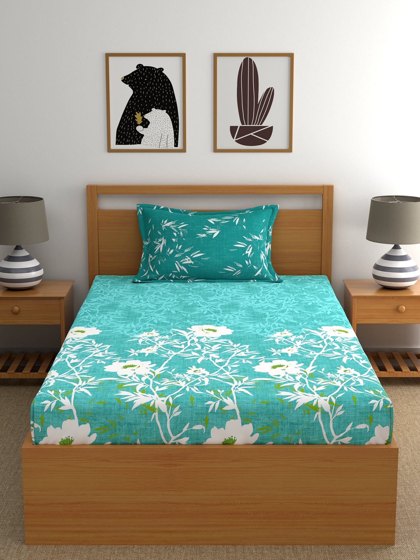 Dreamscape 100% Cotton Floral Bedsheet Set | 140 TC | Teal Green