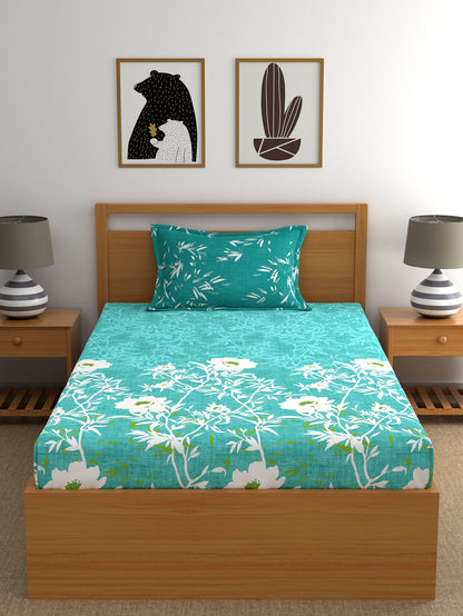 Dreamscape 100% Cotton Floral Bedsheet Set | 140 TC | Teal Green