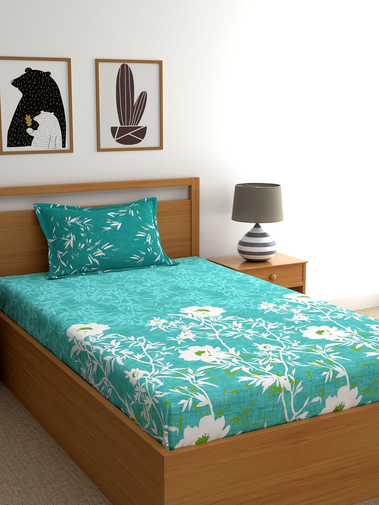Dreamscape 100% Cotton Floral Bedsheet Set | 140 TC | Teal Green