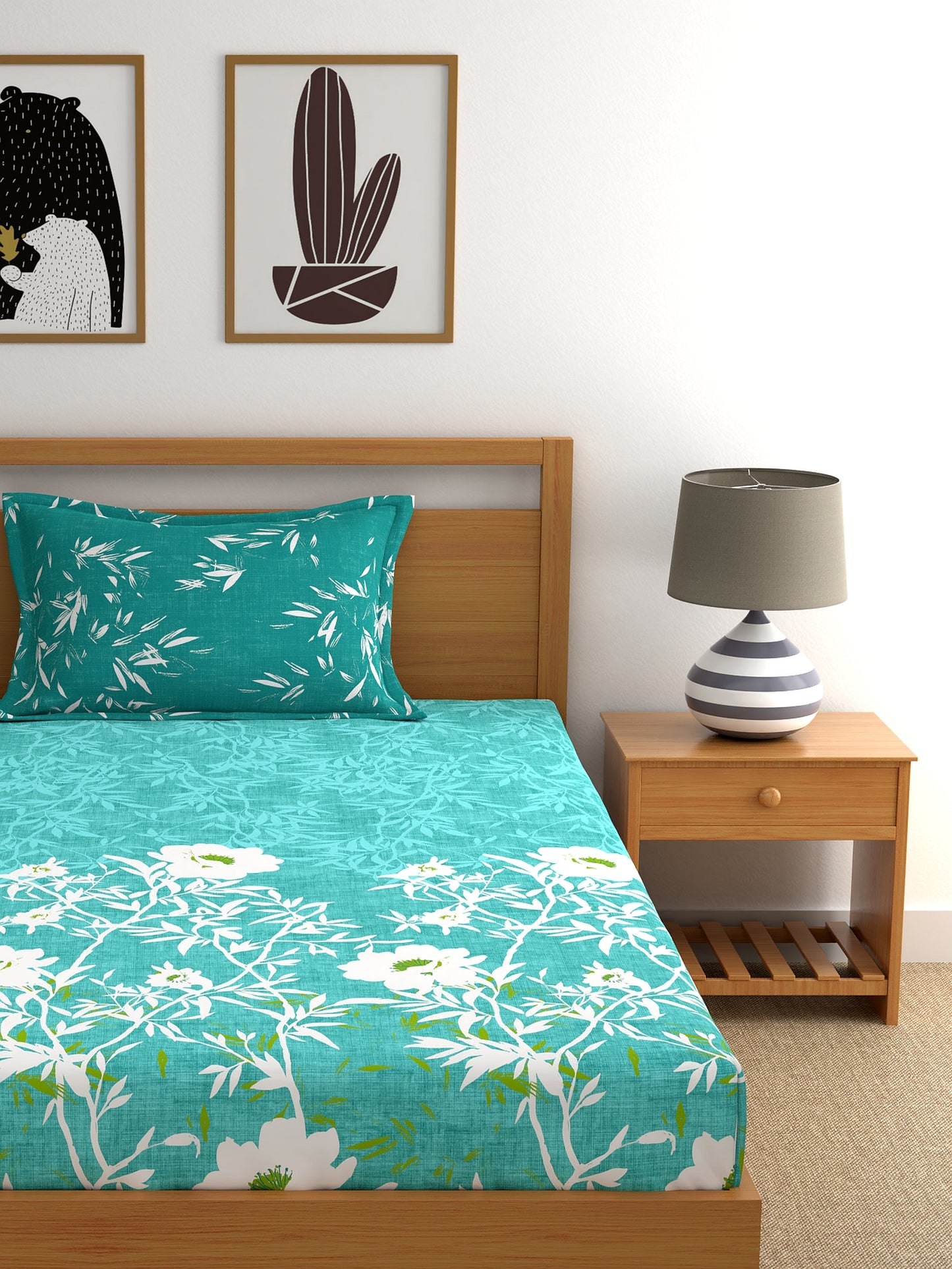 Dreamscape 100% Cotton Floral Bedsheet Set | 140 TC | Teal Green