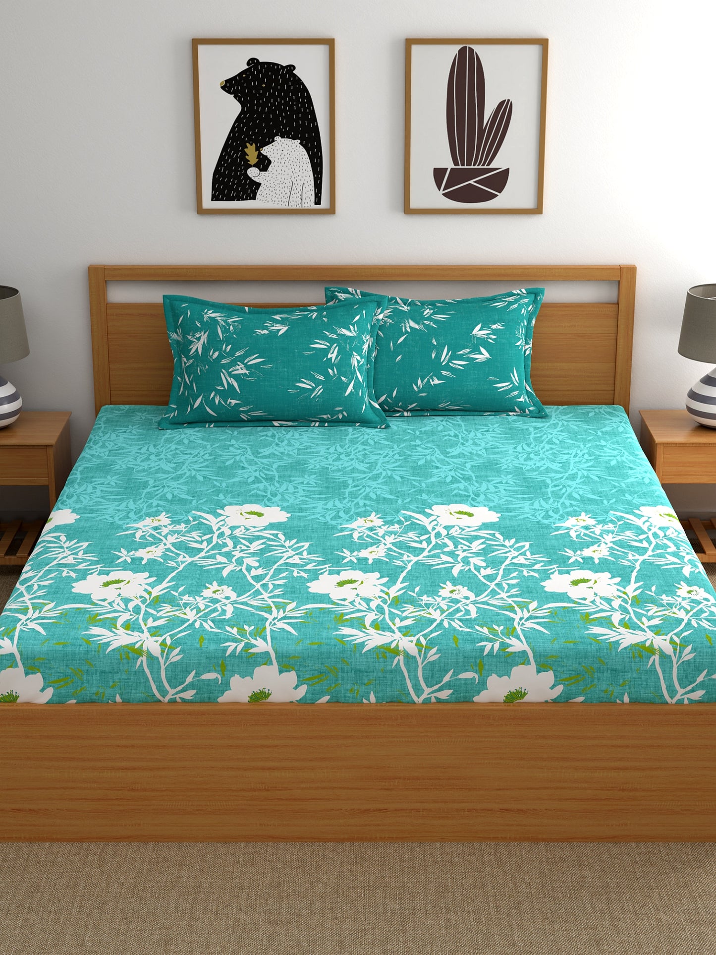 Dreamscape 100% Cotton Floral Bedsheet Set | 140 TC | Teal Green