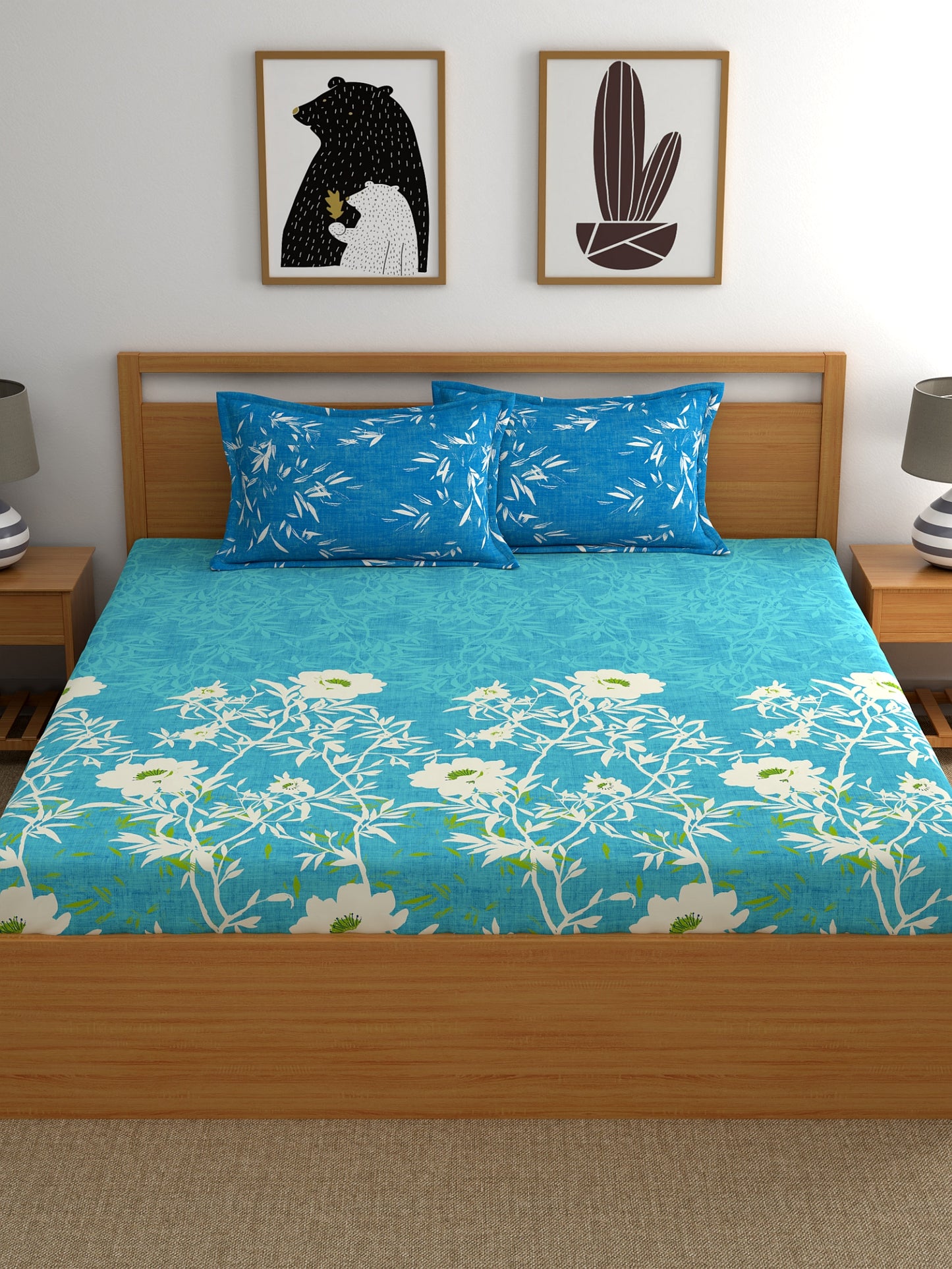 Dreamscape 100% Cotton Floral Bedsheet Set | 140 TC | Teal Blue