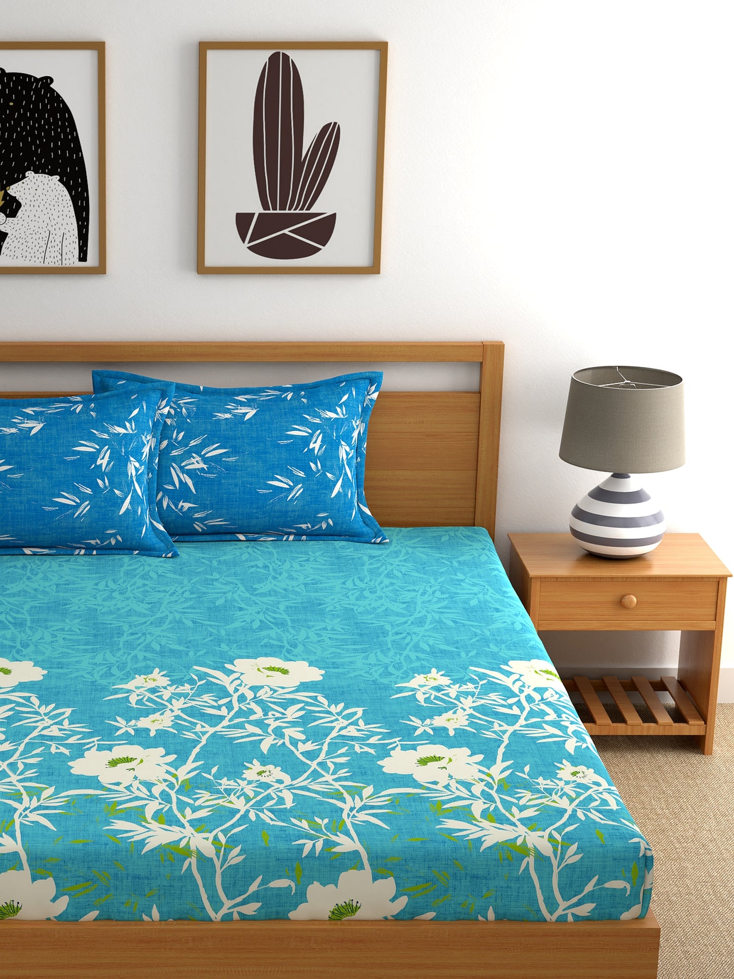 Dreamscape 100% Cotton Floral Bedsheet Set | 140 TC | Teal Blue