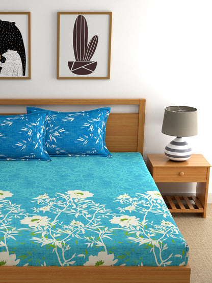 Dreamscape 100% Cotton Floral Bedsheet Set | 140 TC | Teal Blue