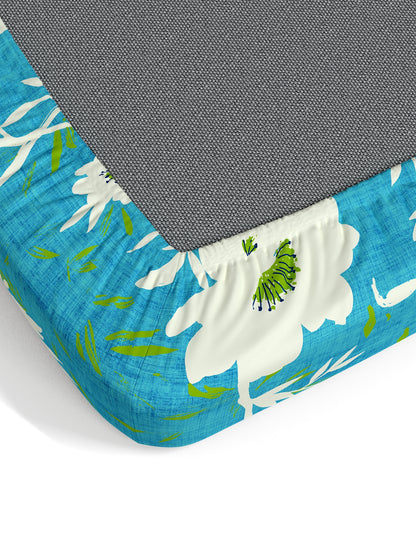 Dreamscape 100% Cotton Floral Bedsheet Set | 140 TC | Teal Blue