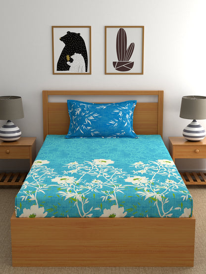 Dreamscape 100% Cotton Floral Bedsheet Set | 140 TC | Teal Blue