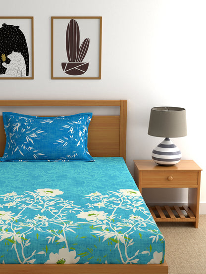 Dreamscape 100% Cotton Floral Bedsheet Set | 140 TC | Teal Blue