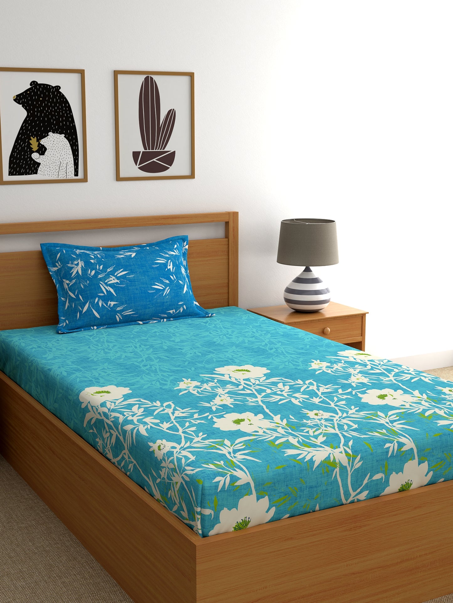 Dreamscape 100% Cotton Floral Bedsheet Set | 140 TC | Teal Blue