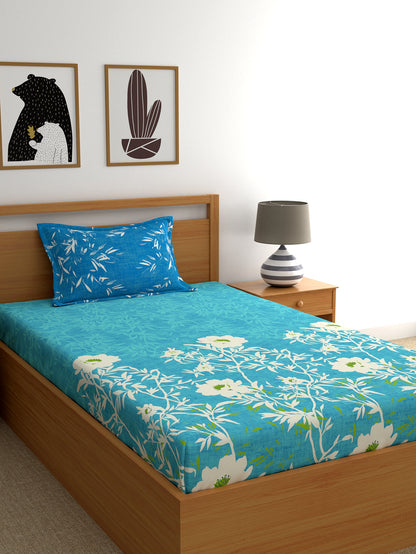 Dreamscape 100% Cotton Floral Bedsheet Set | 140 TC | Teal Blue