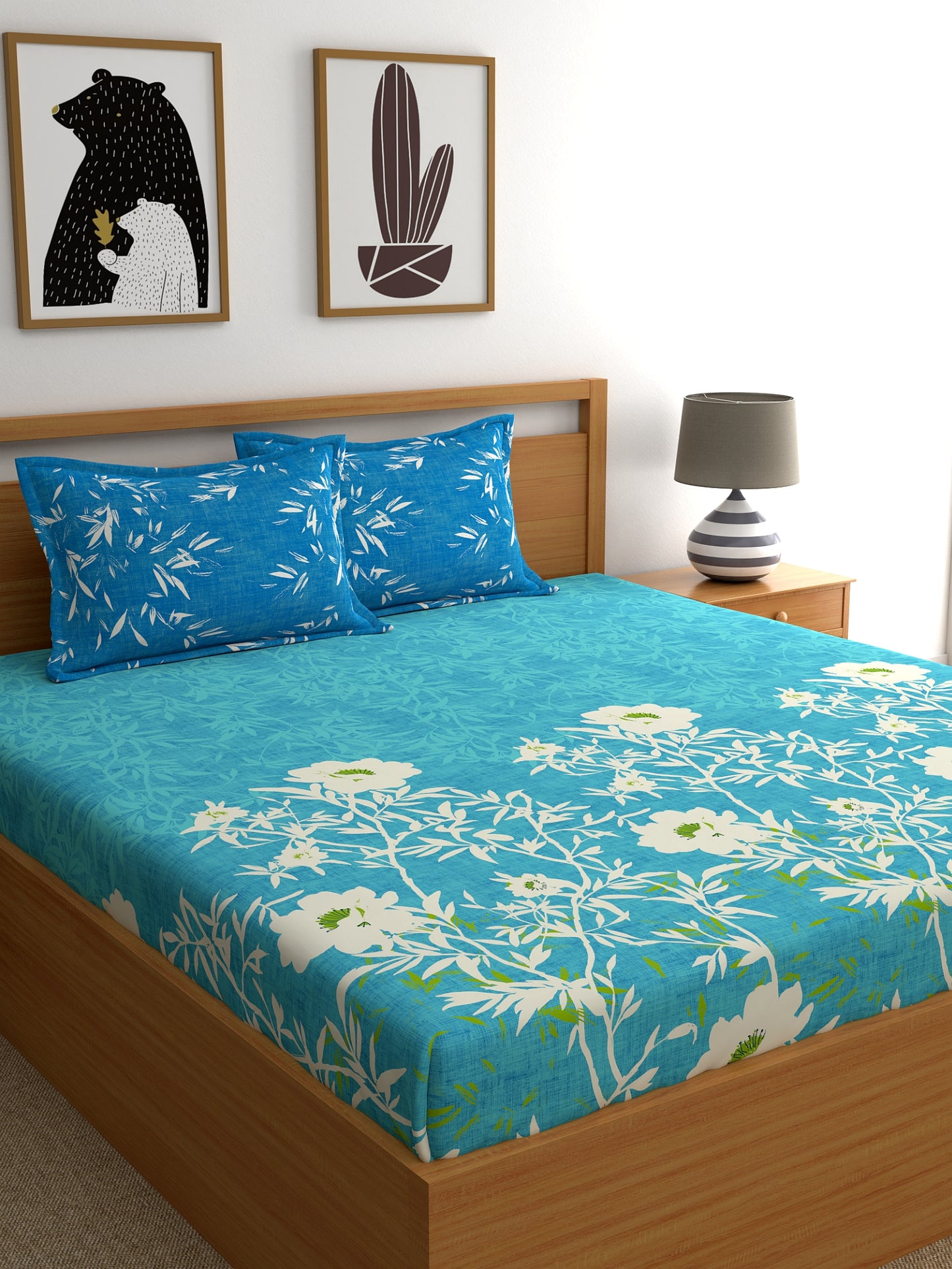 Dreamscape 100% Cotton Floral Bedsheet Set | 140 TC | Teal Blue