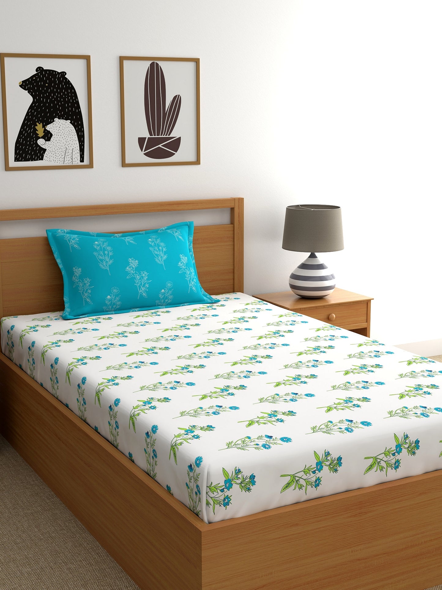 Dreamscape 100% Cotton Floral Bedsheet Set | 140 TC | Teal Blue