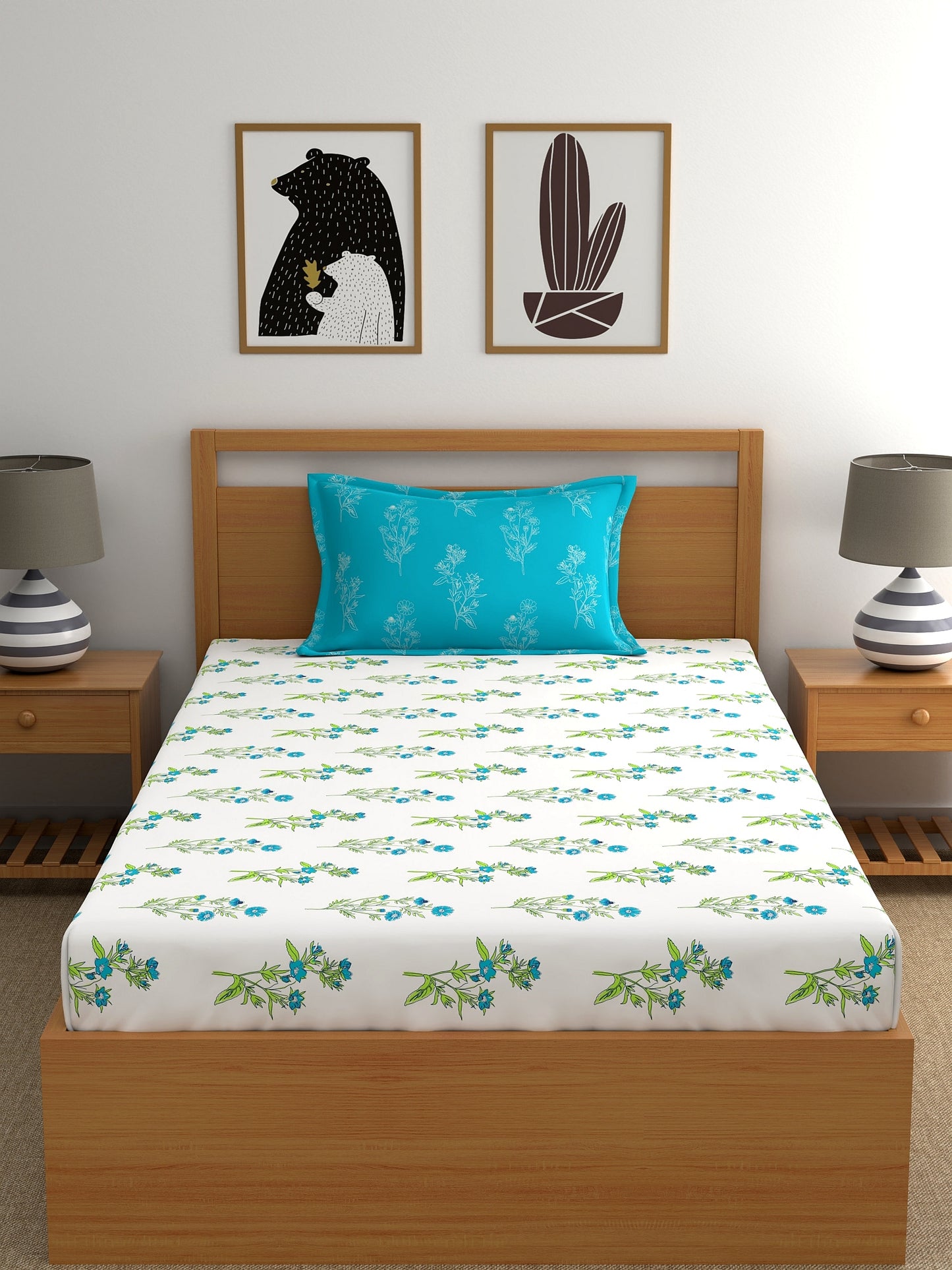 Dreamscape 100% Cotton Floral Bedsheet Set | 140 TC | Teal Blue