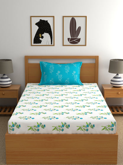 Dreamscape 100% Cotton Floral Bedsheet Set | 140 TC | Teal Blue