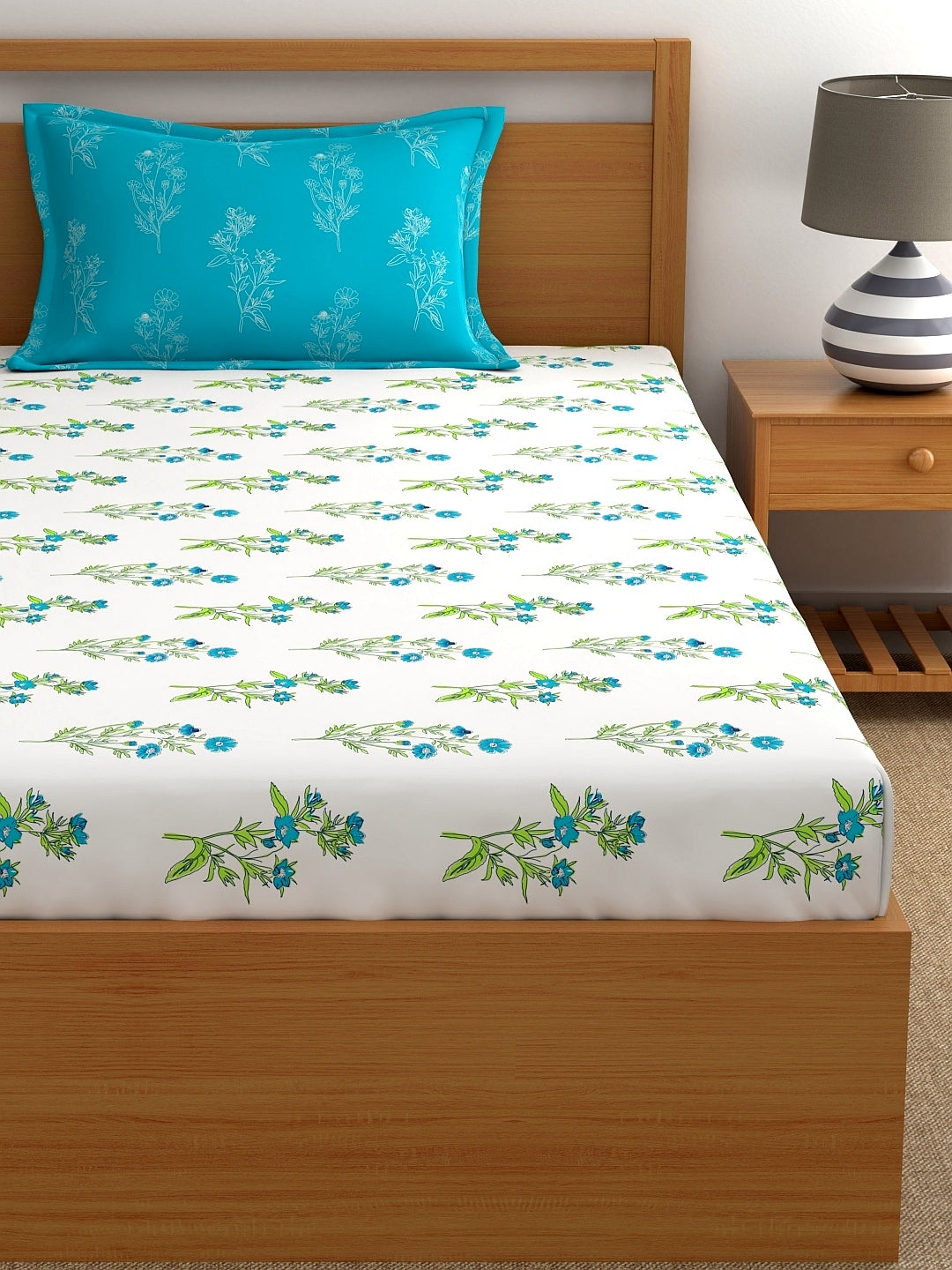 Dreamscape 100% Cotton Floral Bedsheet Set | 140 TC | Teal Blue