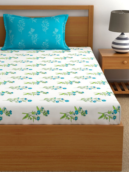 Dreamscape 100% Cotton Floral Bedsheet Set | 140 TC | Teal Blue
