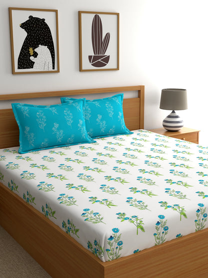 Dreamscape 100% Cotton Floral Bedsheet Set | 140 TC | Teal Blue