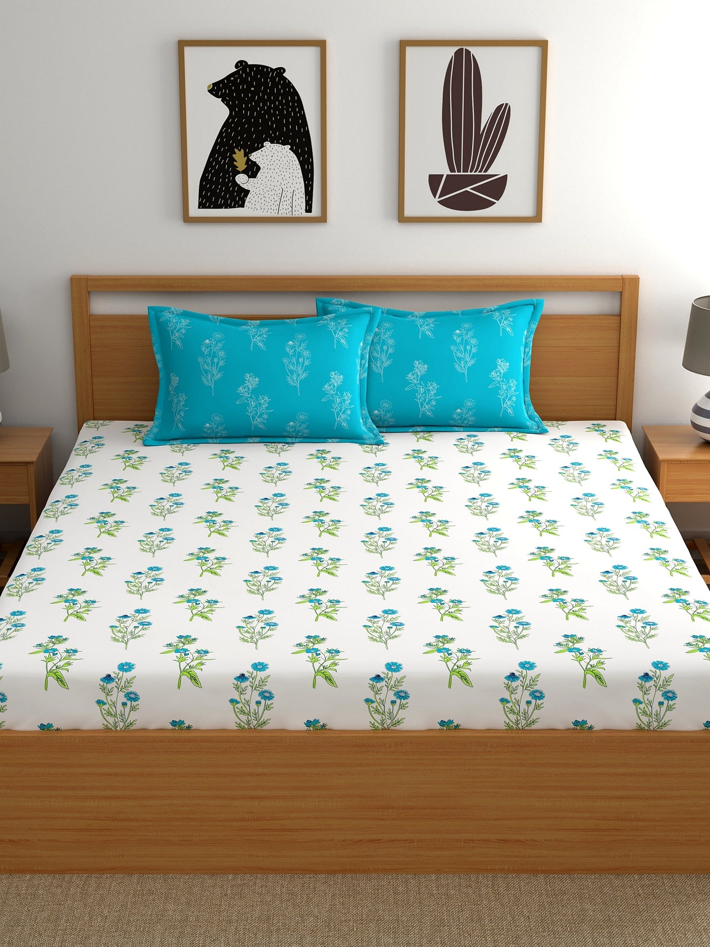 Dreamscape 100% Cotton Floral Bedsheet Set | 140 TC | Teal Blue