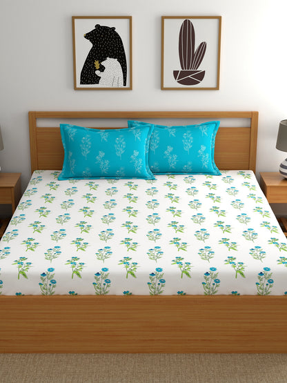 Dreamscape 100% Cotton Floral Bedsheet Set | 140 TC | Teal Blue