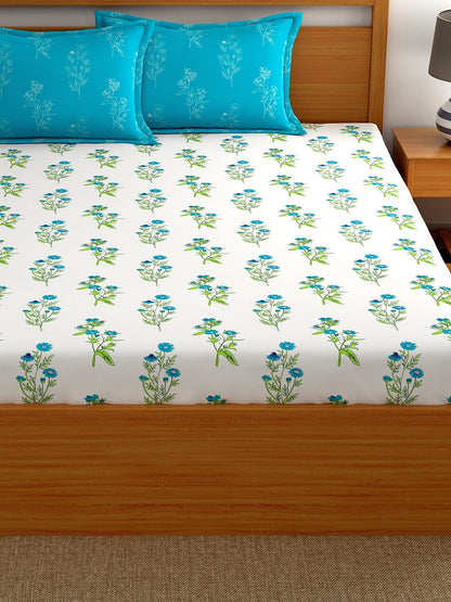Dreamscape 100% Cotton Floral Bedsheet Set | 140 TC | Teal Blue