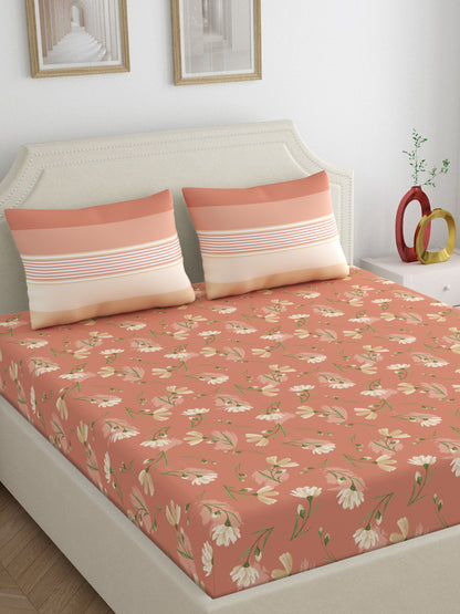 Dreamscape 100% Cotton Floral Bedsheet Set, Premium | 140 TC | Brown