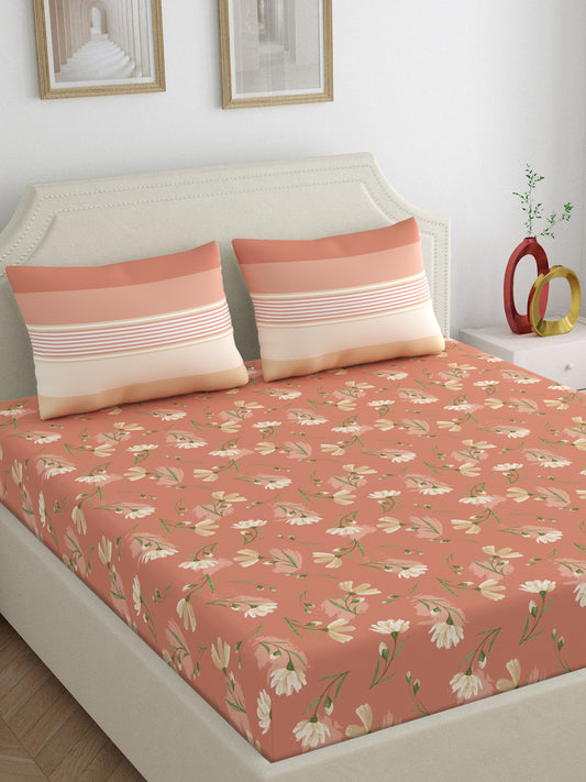 Dreamscape 100% Cotton Floral Bedsheet Set, Premium | 140 TC | Brown