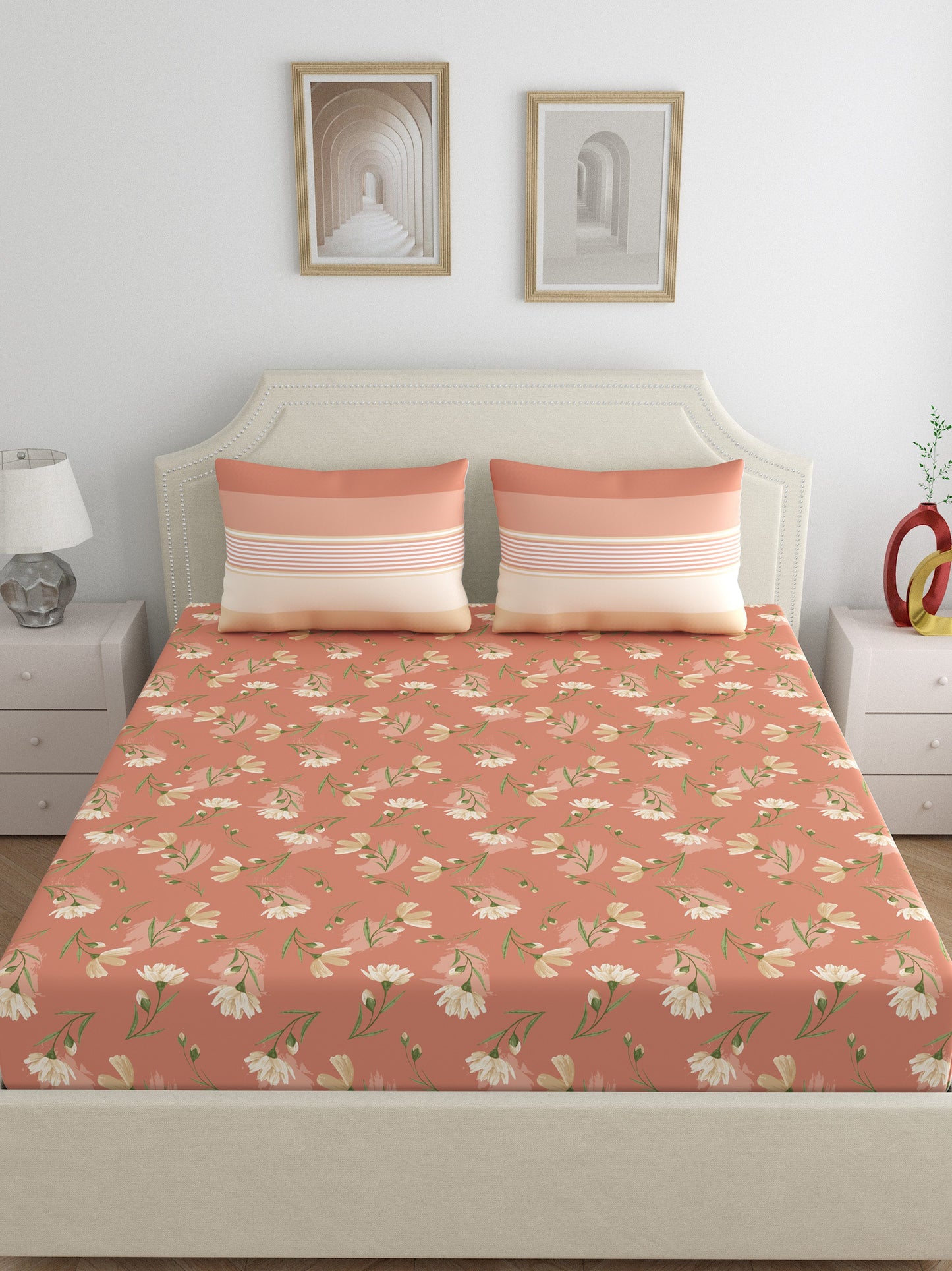 Dreamscape 100% Cotton 140 TC Floral Bedsheet Set - Colour: Brown
